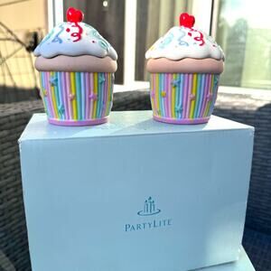 PartyLite P7327 Celebration Cupcake Votive Candle Holder Pair Ceramic Birthday C